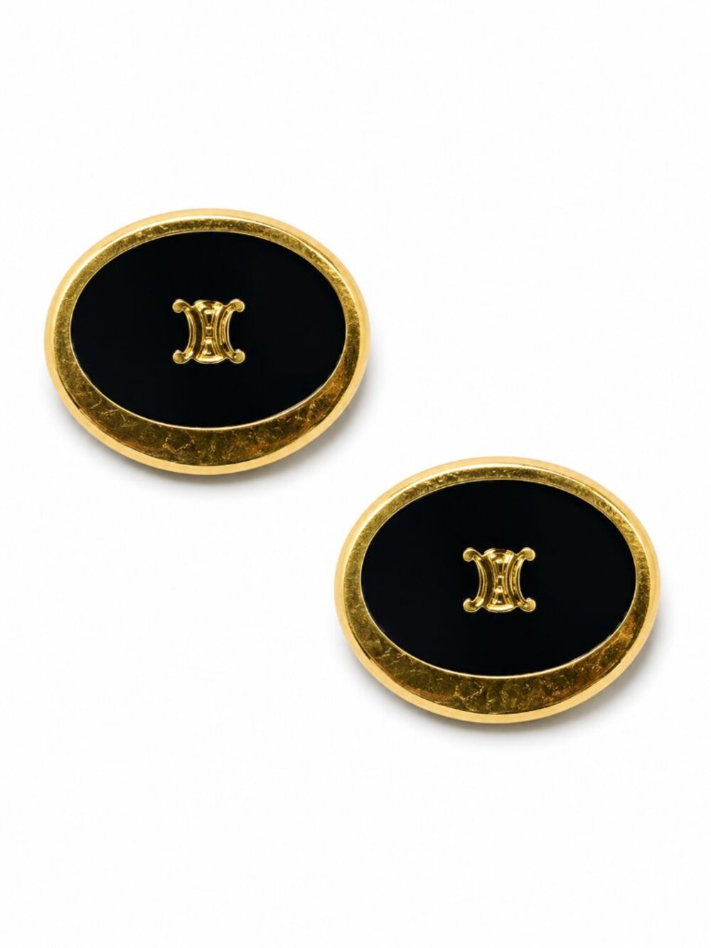 Vintage Celine Triomphe Black Enamel Gold Tone Oval Cufflinks